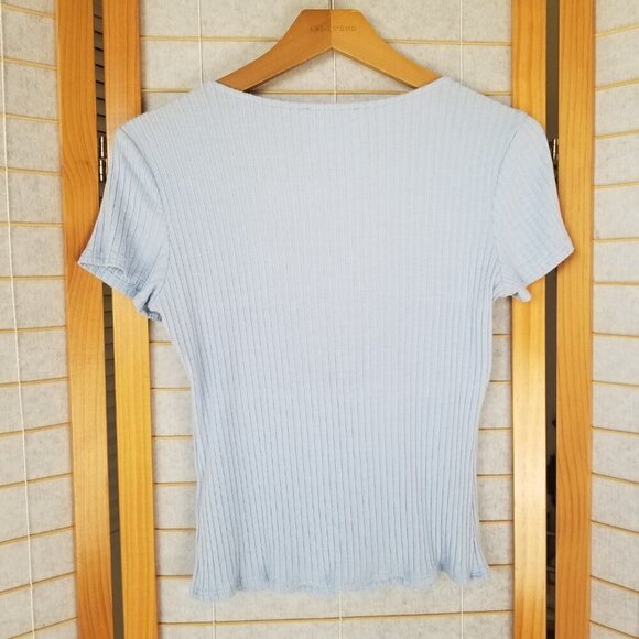 Sadie & Sage Stretch Knit Top Y2K Light Blue Size Medium Deep V-Neck - Picture 6 of 8